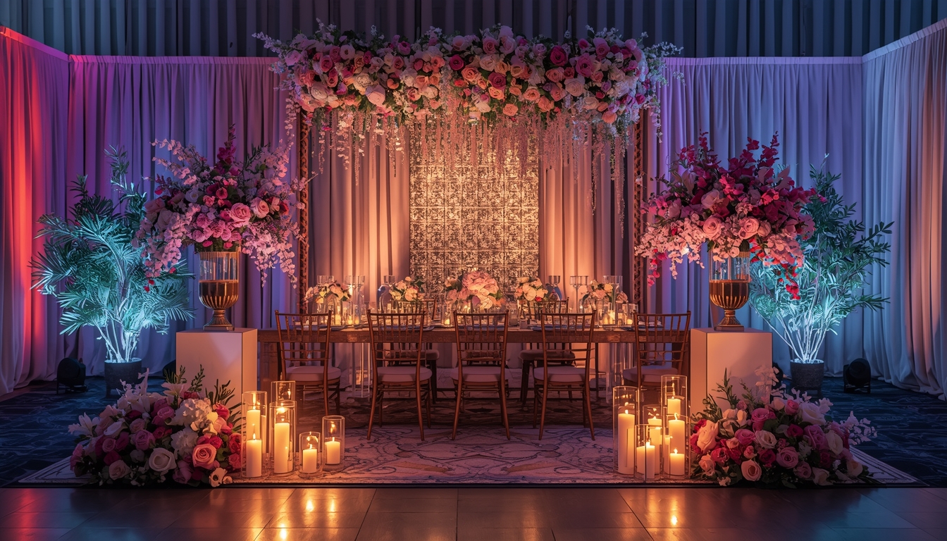 Elegant event decor setup with floral arrangements and ambient lighting by Restorepurge