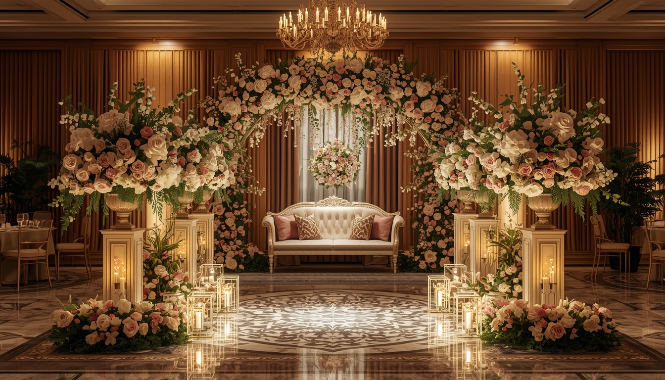 Elegant wedding event decoration with sophisticated floral arrangements and ambient lighting by Restorepurge